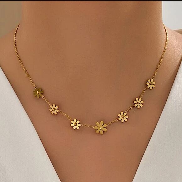Gold Plated Daisy Necklace, Stainless Steel, Flower, Dainty - Picture 2 of 9